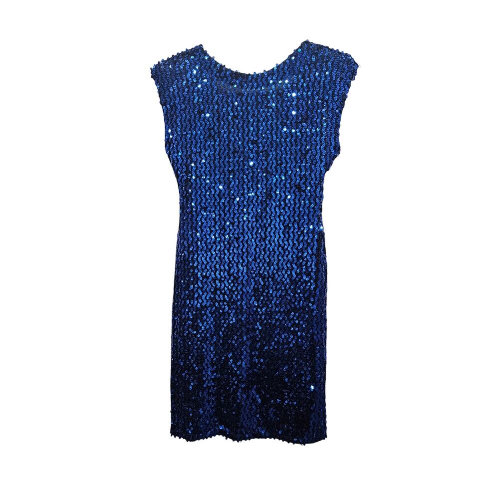 Vintage 80s Blue Sequin Sleeveless Scoop Back Cocktail Party Dress Size L